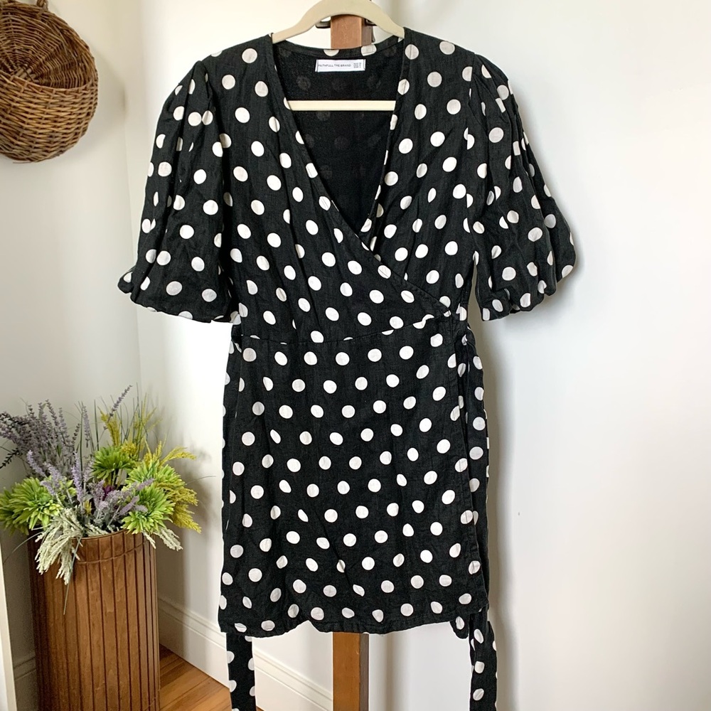 Faithful the Brand Godiva Wrap Linen Dress Black & White Polka Dot US 8 - Picture 7 of 15